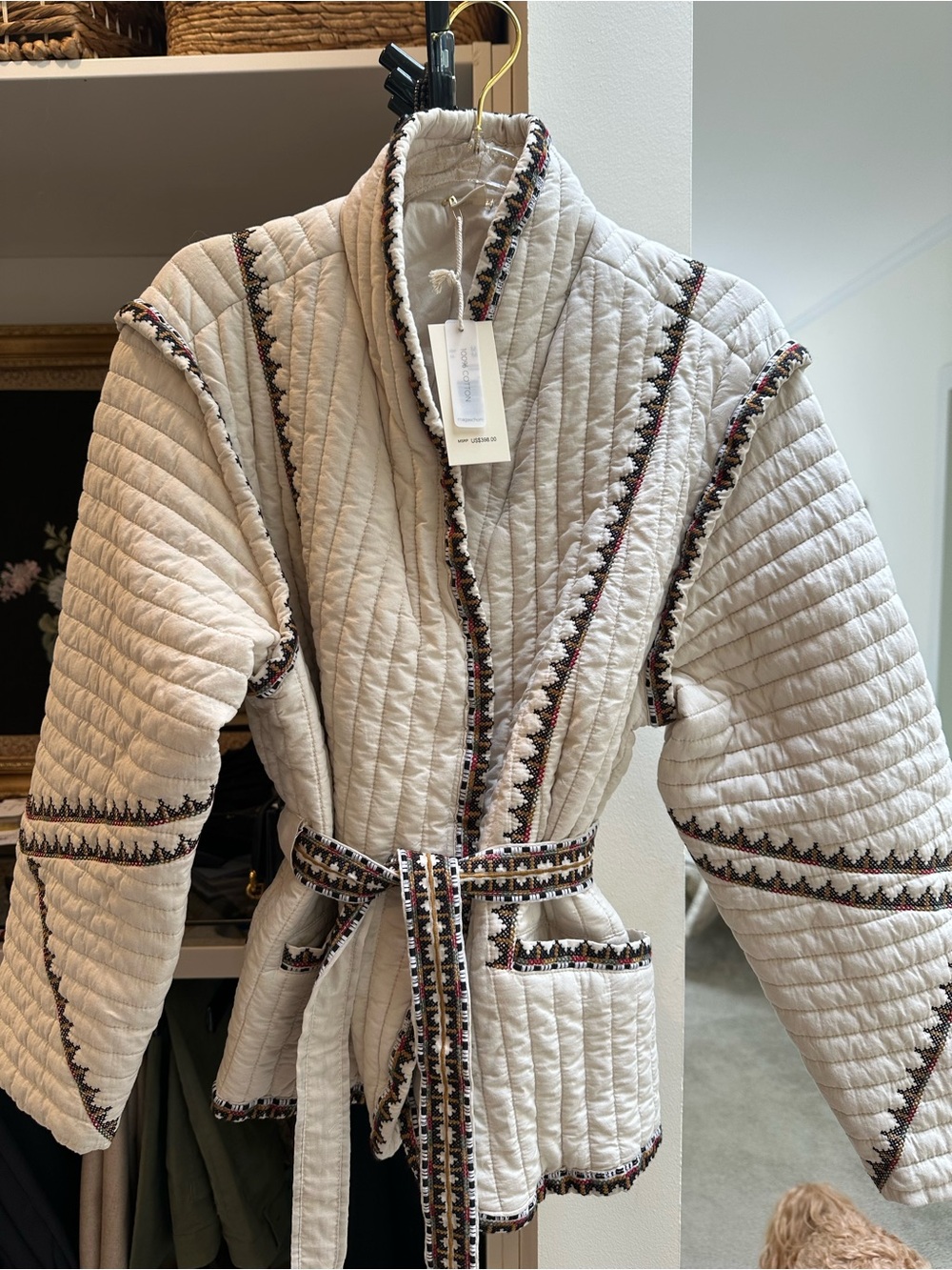 Magaschoni Cream Quilted Wrap Jacket with Patterned Trim - Picture 3 of 5